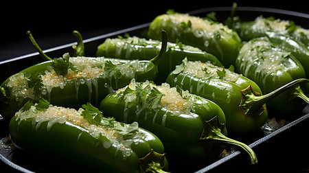 Stuffed green peppers with rice and parsley on a black backgroundの素材