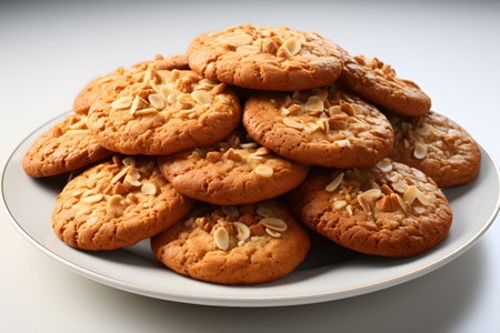 Plate of oatmeal cookies with almonds on white background, closeupの素材