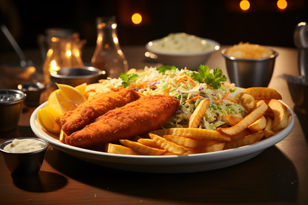 Fish and chips served on a plate with coleslaw and saladの素材