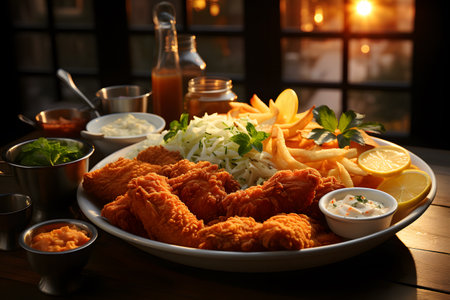 Tasty fried chicken with french fries and vegetables on table in cafeの素材