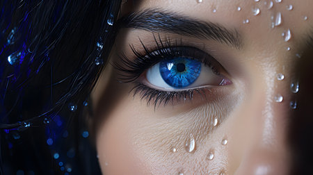 Beautiful woman's eye with blue make-up and water dropsの素材