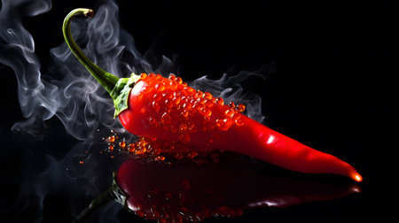 Red hot chili pepper with smoke on a black background. Copy space.の素材