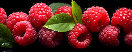 ripe raspberries with leaves on a black background. macroの素材