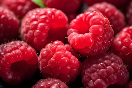 Close up of fresh raspberries on black background. Selective focus.の素材