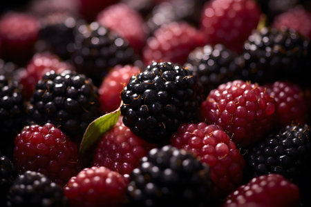 Blackberries and raspberries on a black background. Selective focus. Toned.の素材
