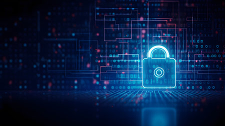 Data security concept with padlock on abstract blue background. 3D Renderingの素材