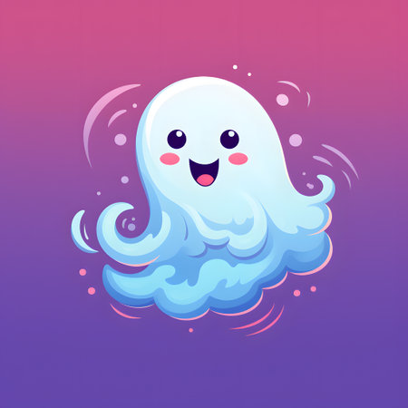 Cute cartoon funny smiling ghost. Isolated on purple background.の素材