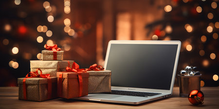 Laptop with christmas gifts on wooden table against defocused lightsの素材