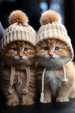 Cute little kittens in warm hats on dark background, closeupの素材