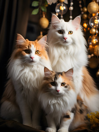 Three beautiful fluffy cats of siberian breed on a dark backgroundの素材