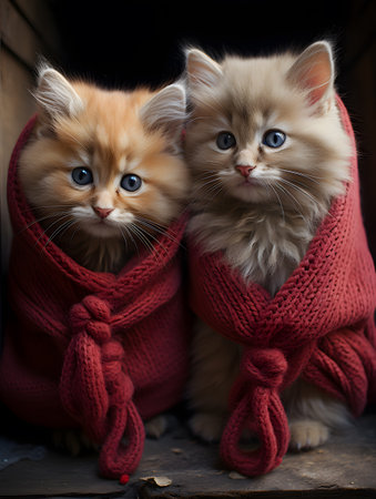 Two cute kittens in a red knitted scarf on a dark backgroundの素材