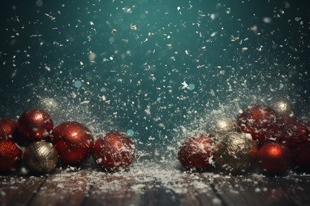 Christmas background with red and golden balls and falling snow on wooden tableの素材