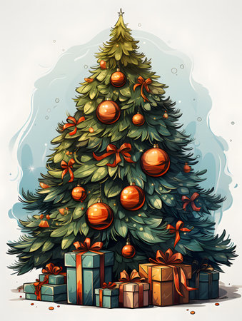 Christmas tree with gifts and balls. Illustration in a cartoon style.の素材