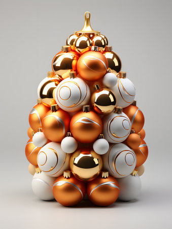 Christmas tree made of golden and white baubles on gray backgroundの素材