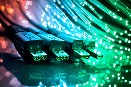 Fiber optical network cable with lots of light spots on dark backgroundの素材