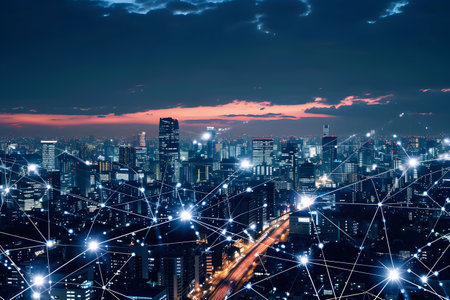 Smart city and wireless communication network over night cityscape background. Global network connection concept.の素材