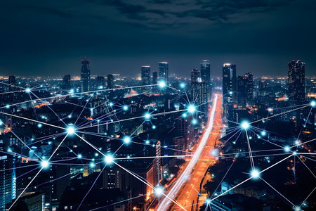 Modern cityscape and connection lines at night, concept of smart cityの素材