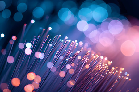 fiber optical network cable close up with bokeh light backgroundの素材