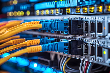 close up of network cables connected to fiber optic ports in data centerの素材
