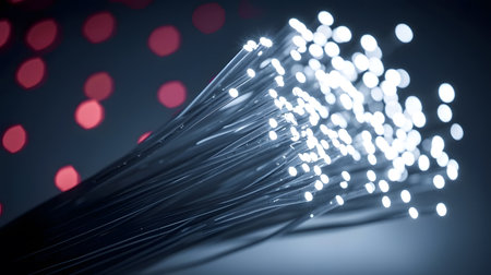 optical fibres dinamic flying from deep on technology cable backgroundの素材