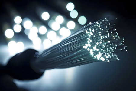 Fiber optical network cable close-up with bokeh backgroundの素材
