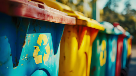 Colorful recycle bins for waste collection in the city. Selective focus.の素材