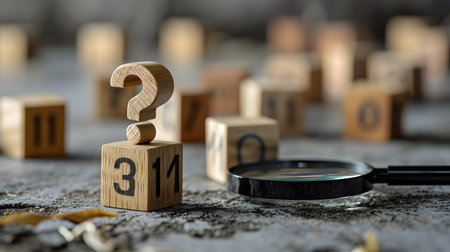 Wooden cubes with question mark and magnifying glass on the floorの素材