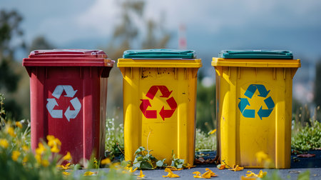 Three yellow and red recycle bins in the garden. Concept of recycling.の素材