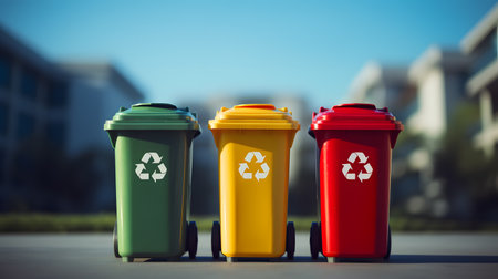 Three recycle bins on city street. Recycling conceptの素材