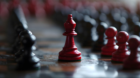 Black and red chess pieces on a chessboard. The concept of business strategyの素材