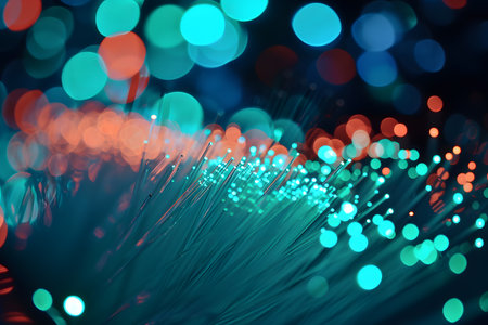 fiber optical network cable close up with colorful bokeh backgroundの素材