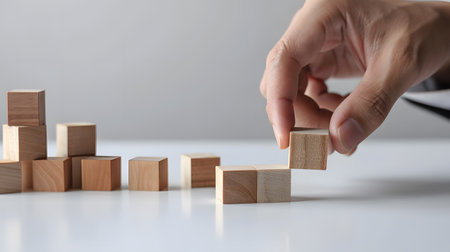 Businessman hand arranging wood block stacking as step stair on the white table.の素材