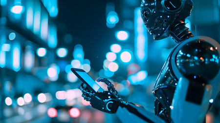 Robot with mobile phone in the city at night. Artificial intelligence concept.の素材