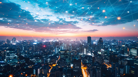 Abstract network connection concept over the cityscapeの素材