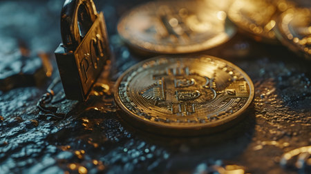 Golden bitcoin and lock on a dark background. Cryptocurrency conceptの素材