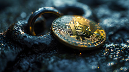 Golden Bitcoin on a dark background. Cryptocurrency concept. Close up.の素材