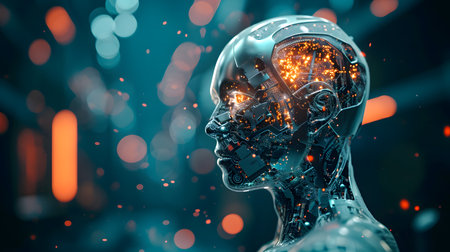 Cyborg head with circuit board in dark space backgroundの素材
