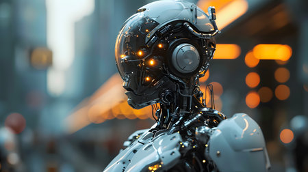 Humanoid robot in the city at night, artificial intelligence conceptの素材