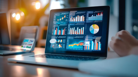 Close-up of businesswoman using laptop with graphs and charts on screenの素材