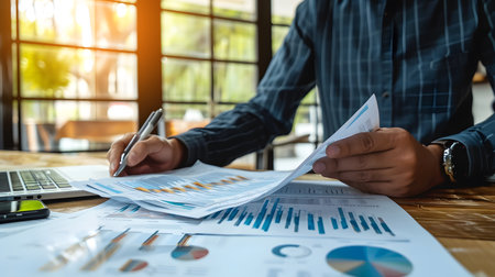 Businessman analyzing investment charts with laptop. Accounting,investment concept.の素材