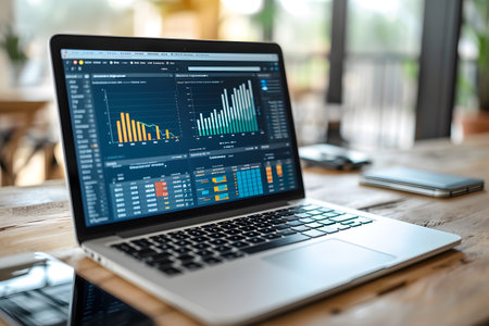 Laptop with stock market data on screen. Online trading and investment concept.の素材