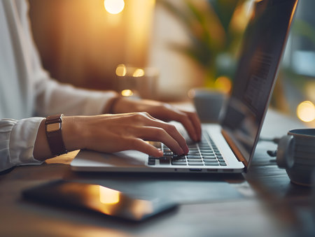 Close-up of female hands typing on laptop keyboard. Young woman working at homeの素材