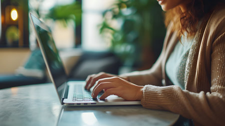 Cropped image of young woman using laptop while sitting at table in cafeの素材