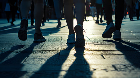 Group of young sporty people jogging in the city at sunsetの素材