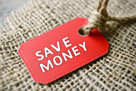 Red Label with text Save Money on jute background, Business Conceptの素材