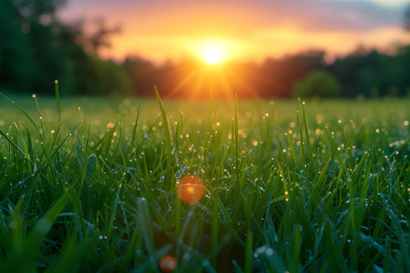 Green grass with dew drops on the background of the setting sunの素材