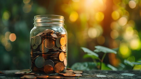 Coins in the glass jar with nature background. save money for investment concept.の素材