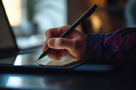 Close-up of a man's hand using a stylus pen on a tabletの素材