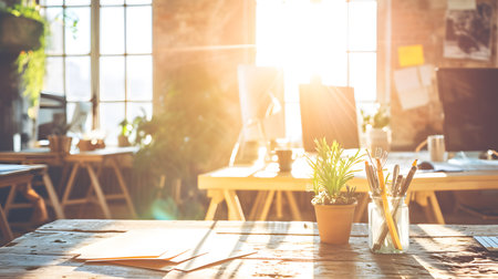 Interior of modern office with wooden table and working space.Blurred backgroundの素材