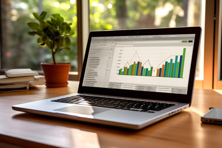 Laptop computer with financial graph on the screen. Business and finance concept.の素材